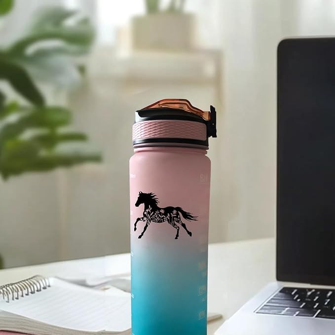 Floral Horse 32 oz Water Bottle with Times Marker to Drink and Straw, Carrying Strap, Leakproof BPA-Free, Ensure You Drink Enough Water for Fitness, Gym, Camping, Outdoor Sports
