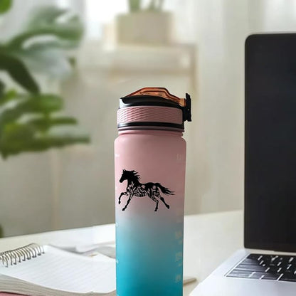 Floral Horse 32 oz Water Bottle with Times Marker to Drink and Straw, Carrying Strap, Leakproof BPA-Free, Ensure You Drink Enough Water for Fitness, Gym, Camping, Outdoor Sports