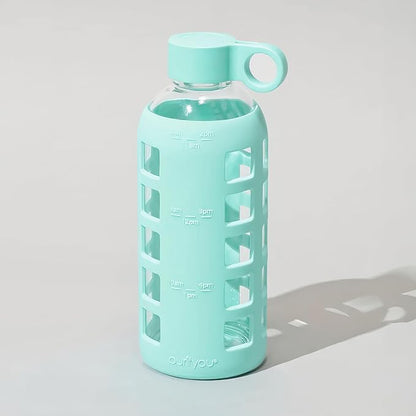 purifyou 40oz / 32oz / 22oz / 12oz Borosilicate Glass Water Bottle with Time & Volume Markers, Silicone Sleeve, Stainless Steel Lid | Reusable Glass Bottle for Water & Juice (22oz Glow-in-the-Dark)