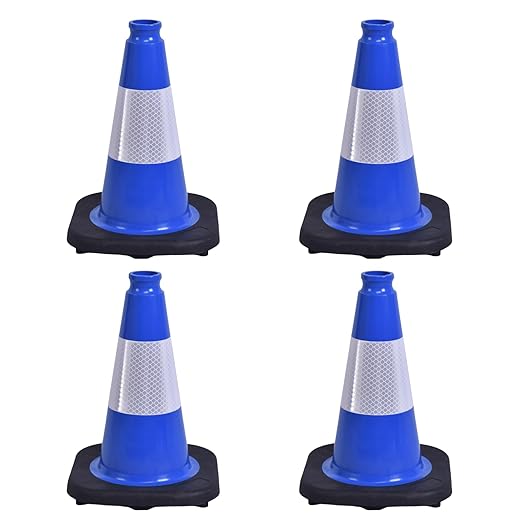 4 Pack 12 Inch Blue PVC Traffic Cones Black Base, Sport Training Cones for Soccer Drills, Outdoor Play, Indoor Gym Activities (4, Blue, 12 Inch)