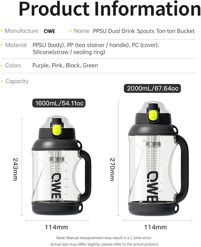 QWE Gym Plastic PPSU Water Bottles for men with Straw and Handle,Lightweight,54oz Large High-capacity for Hiking&Camping,Heat-resisting,Reusable, BPA Free,Double Drinking,leak proof(Black)