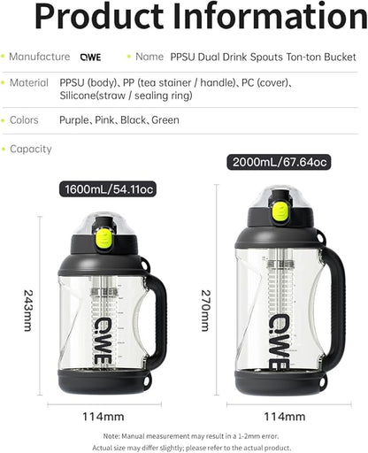 QWE Gym Plastic PPSU Water Bottles for men with Straw and Handle,Lightweight,54oz Large High-capacity for Hiking&Camping,Heat-resisting,Reusable, BPA Free,Double Drinking,leak proof(Black)
