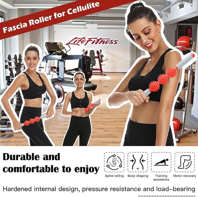 Fascia Muscle Roller, Cellulite Massager for Sore Muscles, Neck, Leg, Back - Pressure Trigger Point Body Deep Tissue Massage Stick Tools With 3 Massage Balls, Red