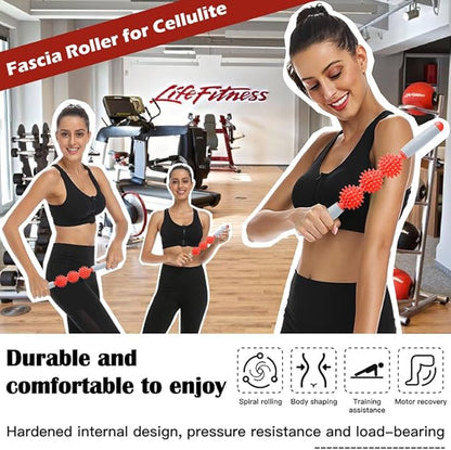 Fascia Muscle Roller, Cellulite Massager for Sore Muscles, Neck, Leg, Back - Pressure Trigger Point Body Deep Tissue Massage Stick Tools With 3 Massage Balls, Red