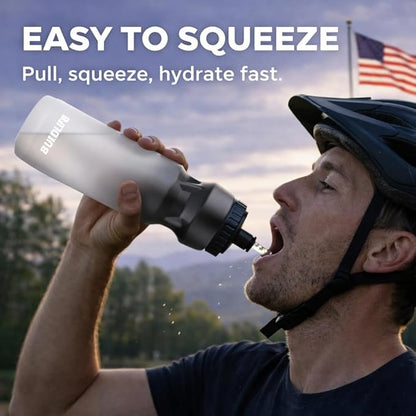 Hockey Water Bottle with Long Straw -32 OZ Squeeze Sports Lacrosse Water Bottles 2 Pack with 2 Lids Each(Straw and Squeeze),for Helmet Hockey,Boxing,BPA Free,Dishwash Safe(Black Blue+Black White)