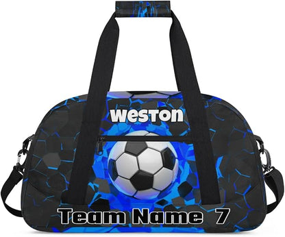Personalized Sports Soccer Duffel Bags for School Boys, Custom Kids Name Number Duffle Gym Bag Sport Players FitnessTravel Weekender Lightweight Bags, Black Red Color