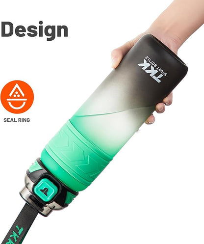 TKK Sports Water Bottles with Removable Straw 34 oz Leak-proof Flip Top Lid BPA Free Tritan Bottles with Strap for School, Fitness, Gym, Outdoor, Green-Black