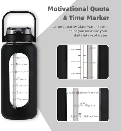 SIEROZUR 64 oz Glass Water Bottle with Straw and Handle Lid Half Gallon Motivational Glass Bottle with Silicone Sleeve and Time Marker Large Reusable Sports Water Jug for Gym Home Workout