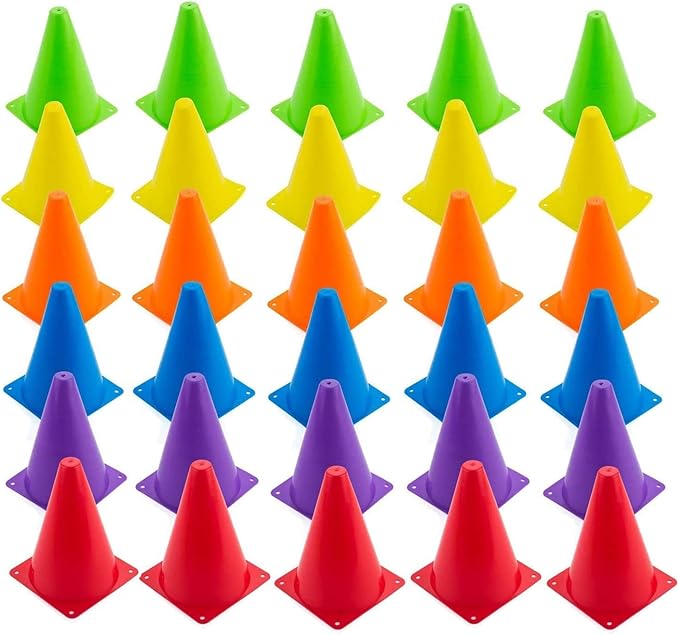 Faswin 30 Pack Soccer Cones, 7 Inch Colored Cones for Sports, Traffic Cones Training Agility Field Marker Plastic Cone for Skating, Football, Games, Indoor Outdoor Activity & Festive Events, 6 Colors