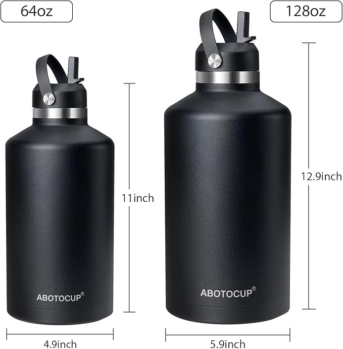 64 oz Water Bottle,Half Gallon Stainless Steel Water Bottles Insulated,Double Wall & Leak Proof, Travel,Football,Gym,Camping Essentials,Keep Cold All Day,Black