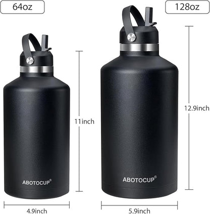 Gallon Water Bottle,128oz Stainless Steel Water Bottles Insulated,Double Wall & Leak Proof, Travel,Football,Gym,Camping Essentials,Keep Cold All Day,Black
