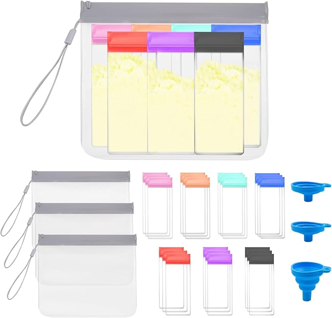 Protein Powder Travel Container Set Including 21 PCS Single Dose Bags, 3 PCS Large Zip Bags and 3 PCS Funnels, Reusable & Portable Protein Powder Organizer for Travel, Gym, Workout, Fitness