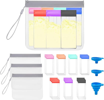 Protein Powder Travel Container Set Including 21 PCS Single Dose Bags, 3 PCS Large Zip Bags and 3 PCS Funnels, Reusable & Portable Protein Powder Organizer for Travel, Gym, Workout, Fitness