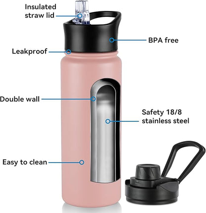 16 oz Insulated Water Bottle with Straw Lids, Stainless Steel Kids Water Bottles for School, Double Wall Vacuum Metal Water Bottle with Straw & Wide Mouth Lid, Harbor Pink 8 Pack