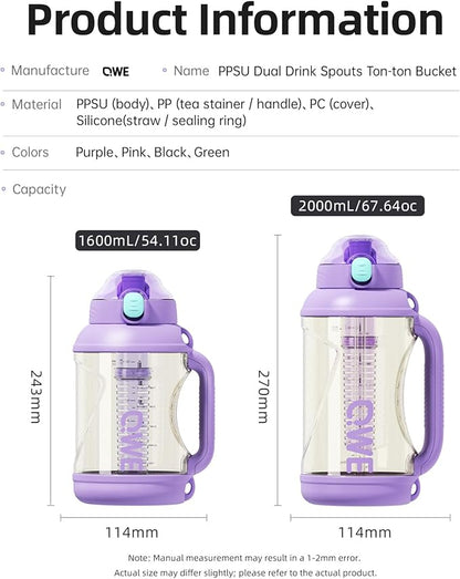 QWE Gym Large Water Bottle for women with lids and Straws&Handle,54oz,Heat-resisting,Reusable,PPSU BPA Free, Plastic Water Bottle Double drinking,leak proof, for Travel,Sport,Outdoors,camping(Purple)
