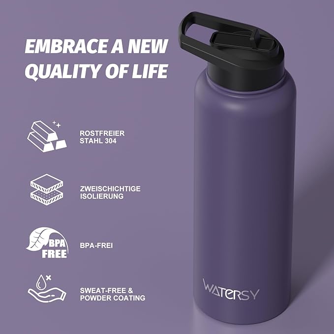40oz Insulated Water Bottle (Cold for 48 Hrs),BPA Free&Leak Proof,Stainless Steel Water Flask,Water Jug with Straw Spout Lids for Gym,Hiking,Travel,Purple