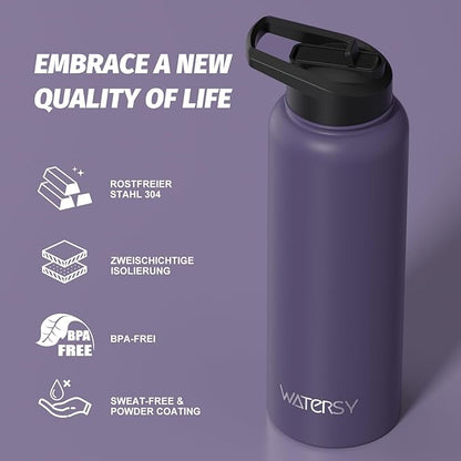 40oz Insulated Water Bottle (Cold for 48 Hrs),BPA Free&Leak Proof,Stainless Steel Water Flask,Water Jug with Straw Spout Lids for Gym,Hiking,Travel,Purple