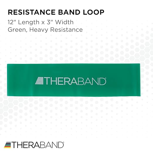 THERABAND Resistance Band Loops, 12" Green, Heavy Resistance, Latex Color-Coded 3" Wide Exercise Band Loop for Home Workouts, Pilates, Strength Training, Physical Therapy, for Women and Men