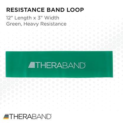 THERABAND Resistance Band Loops, 12" Green, Heavy Resistance, Latex Color-Coded 3" Wide Exercise Band Loop for Home Workouts, Pilates, Strength Training, Physical Therapy, for Women and Men