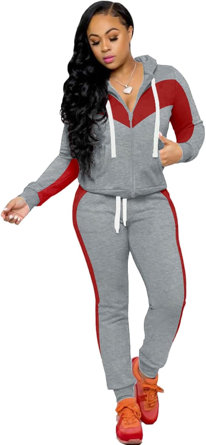 CLOCOR Track Suits for Women Set - Casual 2 Piece Outfits Sweatsuit Pocket Hoodies Long Sleeve with Patchwork Pants Set