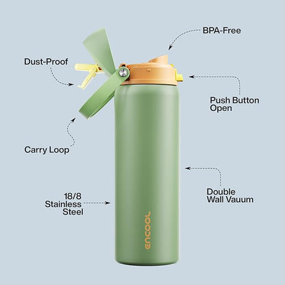 Insulated Water Bottle with Straw - Encool Stainless Steel Water Bottle with Push Button Lid, Leak-Proof & BPA-Free, Keeps Cold for 24 Hours for Sports, Travel, Gym (32 oz, Lichen-Yellow)