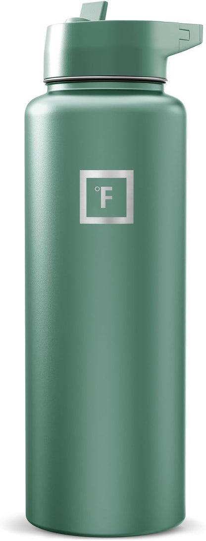 IRON °FLASK Camping & Hiking Hydration Flask with Straw, Wide Mouth Insulated Stainless Steel Sports Water Bottle - Sage 40 oz - Straw (1 Lid)
