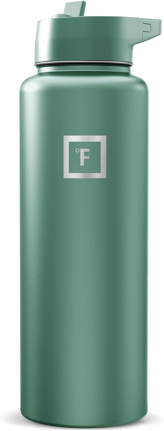 IRON °FLASK Camping & Hiking Hydration Flask with Straw, Wide Mouth Insulated Stainless Steel Sports Water Bottle - Sage 40 oz - Straw (1 Lid)