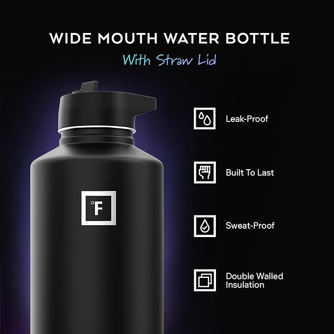 IRON °FLASK Camping & Hiking Hydration Flask with Straw, Wide Mouth Insulated Stainless Steel Sports Water Bottle - Aurora 64 oz - Straw (1 Lid)