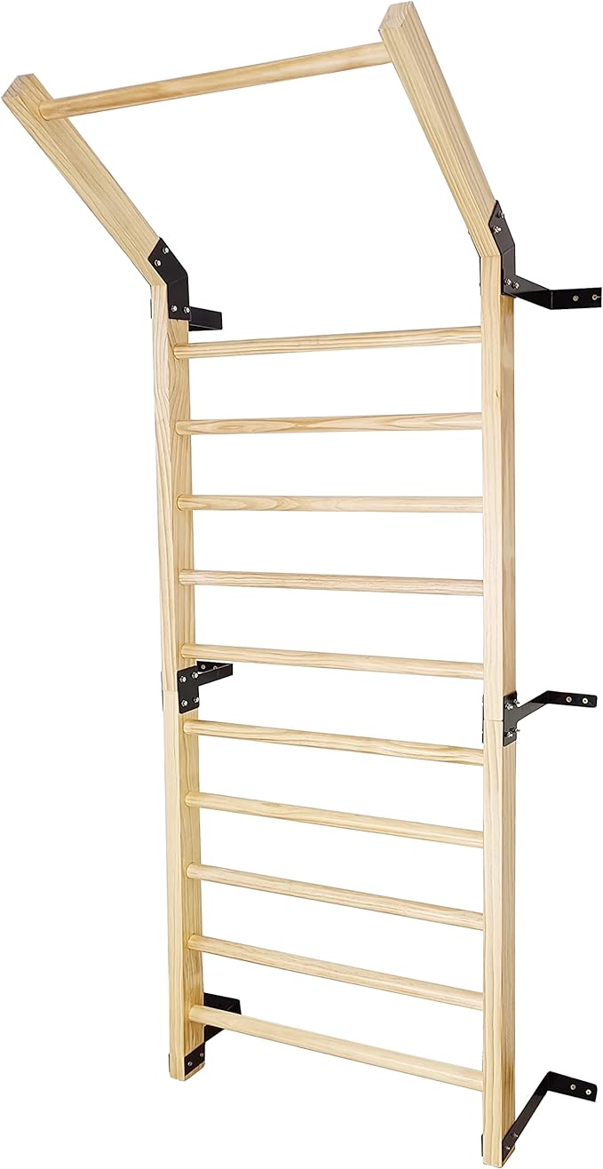 Swedish Ladder,Gymnastics Stall Bar, Wall Mounted Pull Up Bar- Solid Wood With11 Strategic Rods-86.6 Inches Height, 32 Inches Width, Indoor Gym Workout Yoga
