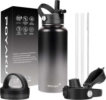 Water Bottle Insulated 32oz 40oz 64oz 128oz Straw Lid Spout Lid & 3 Lids, Leak Proof, Vacuum Insulated,Stainless Steel Water Bottle Wide Mouth for Sports, Gym or Office