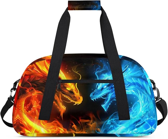 Dragon Fire Water Kids Duffel Bag for Boys, Sports Gym Bag Overnight Travel Weekender Bag Lightweight Carry On Sleepovers Bag for School Practice Gymnastics
