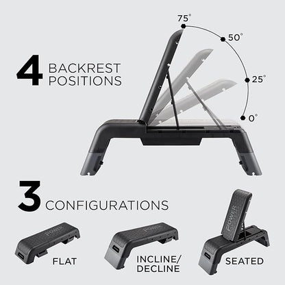 Power Systems Step Bench & Weight Bench | Aerobic Platform & Plyo Box for Cardio, Strength | Commercial Grade Full Body Home Gym Stepper | Adjustable Multifunctional Deck & Resistance Band Clips