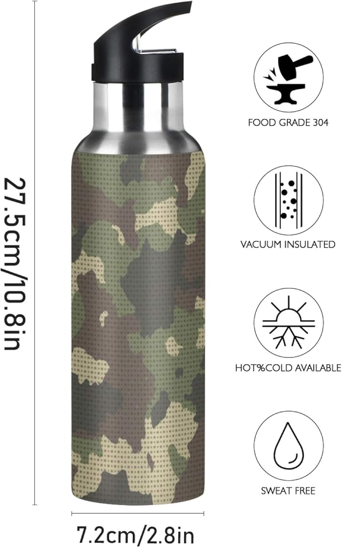 Camouflage Camo Point Water Bottle Vacuum Insulated Stainless Steel Mug Kids Water Bottle with Straw and Handle Keep Hot Cold Sport Bike Fit Travel Outdoor 20 oz