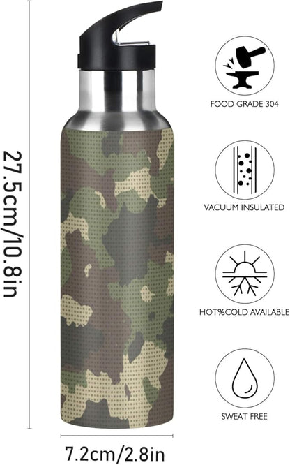 Camouflage Camo Point Water Bottle Vacuum Insulated Stainless Steel Mug Kids Water Bottle with Straw and Handle Keep Hot Cold Sport Bike Fit Travel Outdoor 20 oz