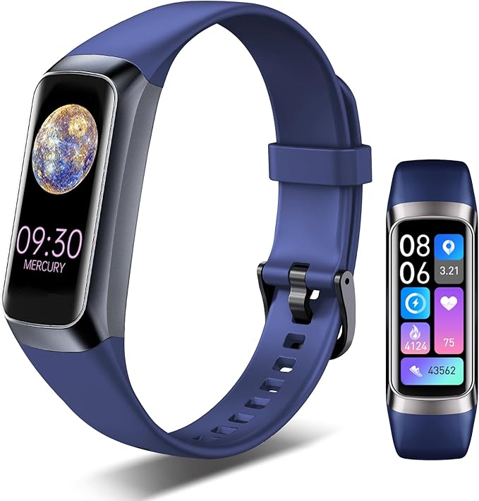 Fitness Tracker, 24/7 Heart Rate Blood Oxygen Blood Pressure Body Temp Monitor Sleep Calorie Tracker with 1.1" AMOLED Touch Color Screen Pedometer Smart Watch Waterproof for Women Men (Blue)