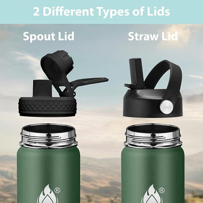 Insulated Water Bottle 32 oz with Straw, Stainless Steel Wide Mouth Water Bottle, Double Wall Vacuum Leak Proof with Straw Lid & Spout Lid for Sports or Office, Keep Cold or Hot Up to 24 Hrs