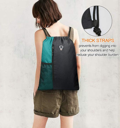 Drawstring Backpack Sports Gym Bag for Women Men Large Lightweight Backpack with Zipper and Water Bottle Mesh Pockets (Black/Teal)