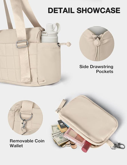 VUUDH Mini Gym Bag for Women Puffy Bag, Small Gym Bag with Coin Wallet, Lightweight Gym Tote Bag for Fitness, Work, Travel, Daily Commute,Camel