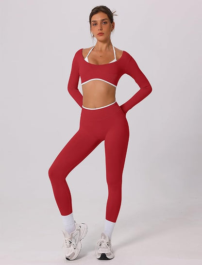 ABOCIW Workout Sets for Women Long Sleeve Crop Top Scrunch Butt Lifting High Waist Leggings 2 Piece Gym Yoga Outfits