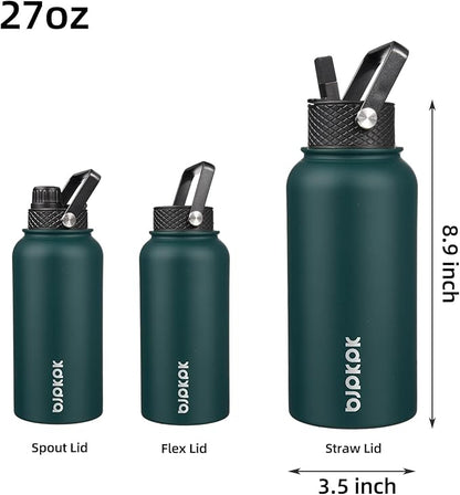 BJPKPK Insulated Water Bottles with Straw Lid, 27oz Stainless Steel Water Bottle with 3 Lids, Leak Proof BPA Free Metal Thermos Mug, Sports Water Bottle Keep Cold & Hot- Army Green (Pack of 2)