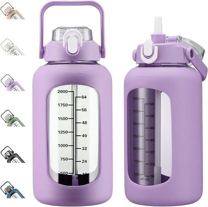 kytffu 84oz Glass Water Bottle with Straw, 2.5 Liter Large Water Bottle with Silicone Sleeve and OZ Marker, Wide Mouth Gallon Glass Bottle with 2-in-1 Lid, Leakproof Water Jug for Gym Home, Purple
