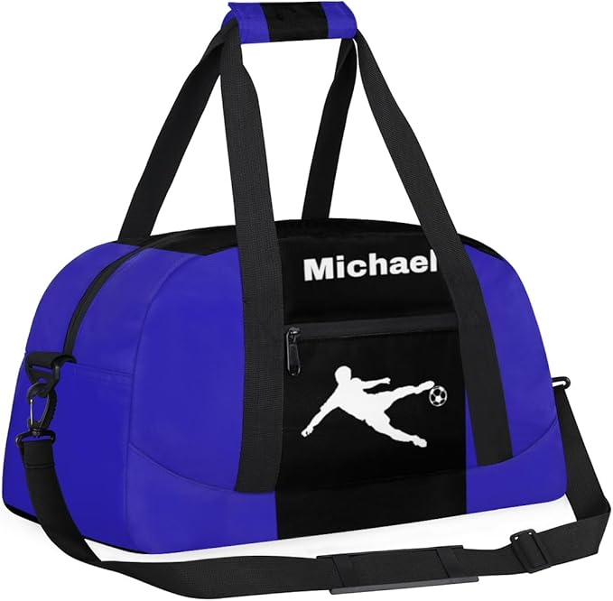 Custom Sports Soccer Bag for Boys, Personalized Sports Gym Duffle Bag Name Ranked Gym Cheer Playing Soccer Swimming Training Bag Travel Duffel with Name, Royal Blue and Black