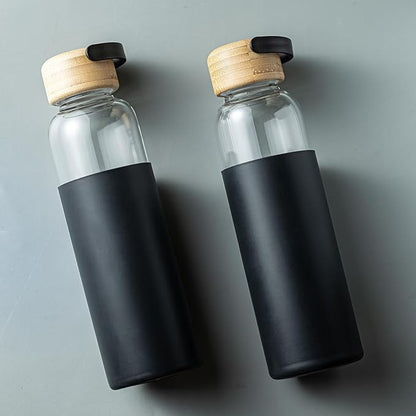 21oz Borosilicate Glass Water Bottles with Silicone Non-Slip Sleeve & Leak-Proof Lid-Reusable Drink Bottle for Office,Travel,Gym,Hiking-BPA Free,Ideal Gift for Home,Car &Fitness (Black)