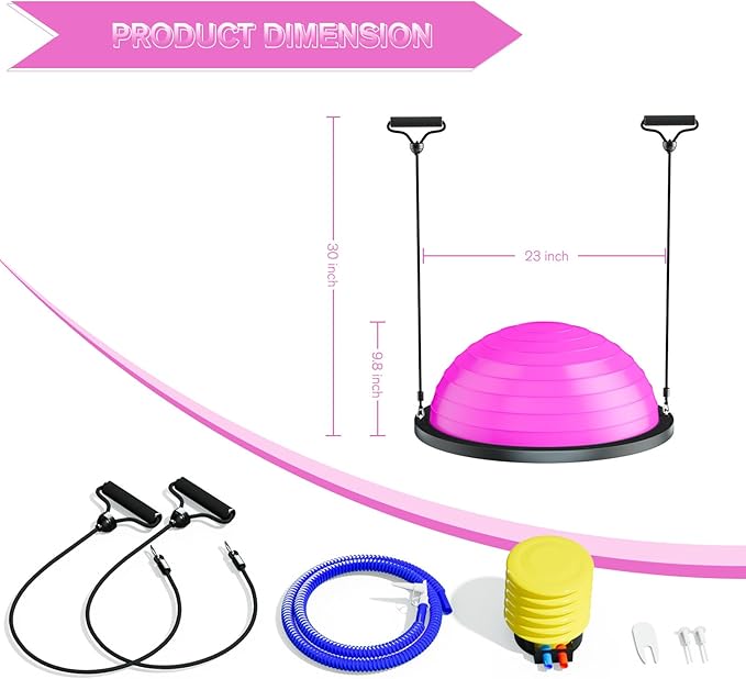 Half Balance Ball Trainer - 23 Inch Half Exercise Ball for Workout, Physical Therapy, Yoga, Home Gym, Core Strength, Stability, Fitness, Balance Training Equipment with Resistance Bands, Foot Pump