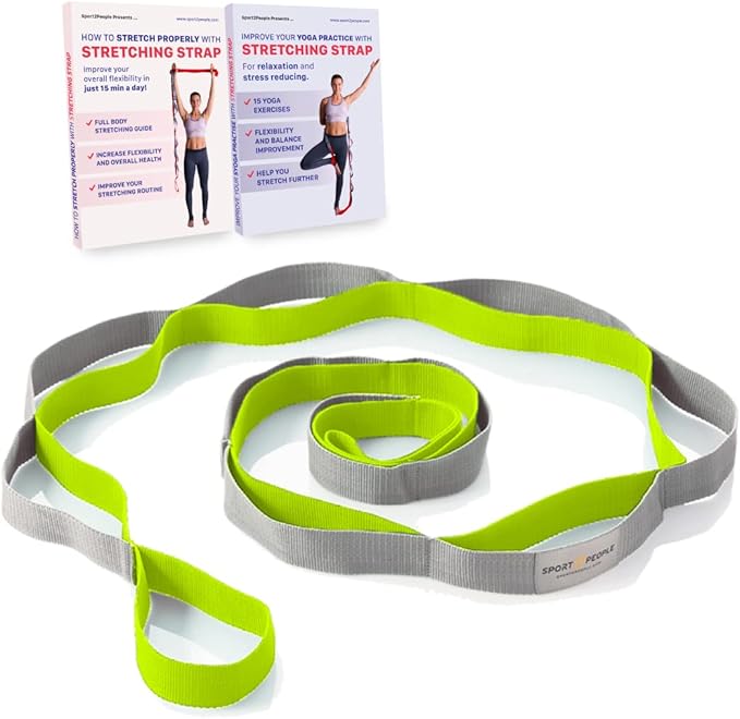 sport2people Stretching Strap for Yoga, Flexibility, Rehabilitation - 2 Free Exercise Ebooks - Get Flexible with 12-Loop Stretch Band for Rehab, Recommended by Physical Therapists and Trainers