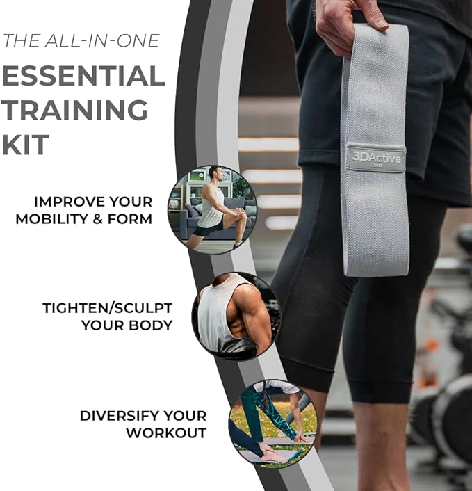3DActive Fabric Resistance Bands for Legs & Butt. Wide Non-Slip Hip Band Set for Home & Gym Workouts. Exercise Guide & Carry Bag Included.