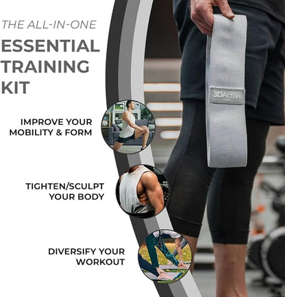 3DActive Fabric Resistance Bands for Legs & Butt. Wide Non-Slip Hip Band Set for Home & Gym Workouts. Exercise Guide & Carry Bag Included.