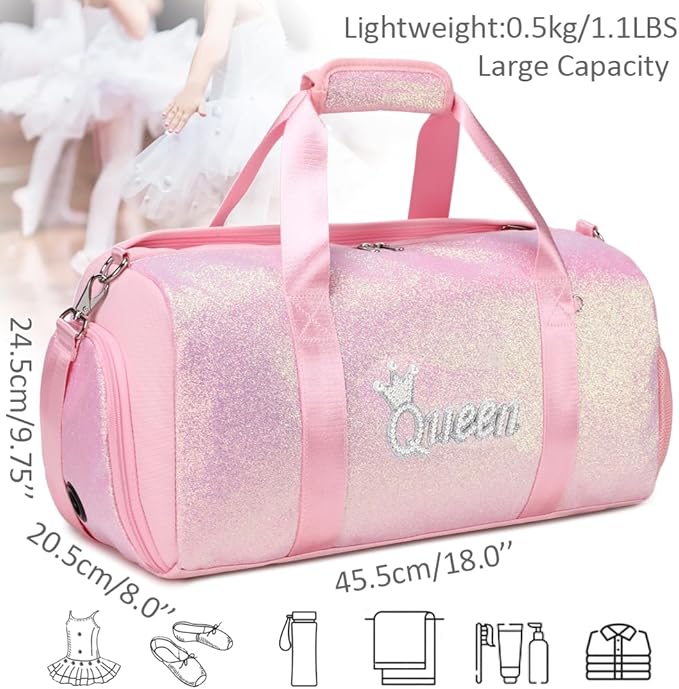 Dance Duffle Bag for Girls Shiny Glitter Sports Gym Bag for Girls Weekender Overnight Sleepover Travel Duffel with Shoes Compartment