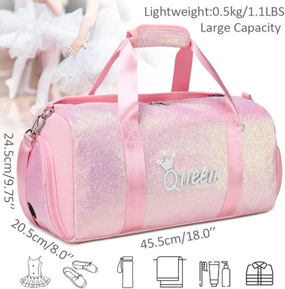 Dance Duffle Bag for Girls Shiny Glitter Sports Gym Bag for Girls Weekender Overnight Sleepover Travel Duffel with Shoes Compartment