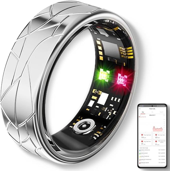 Smart Ring Fitness Tracker Sleep Tracking Heart Rate Monitor Pedometer, Waterproof Activity Tracker Fitness Ring Steps Counter, Gesture Controls for Short Video, 8 Days Last, Silver, #12